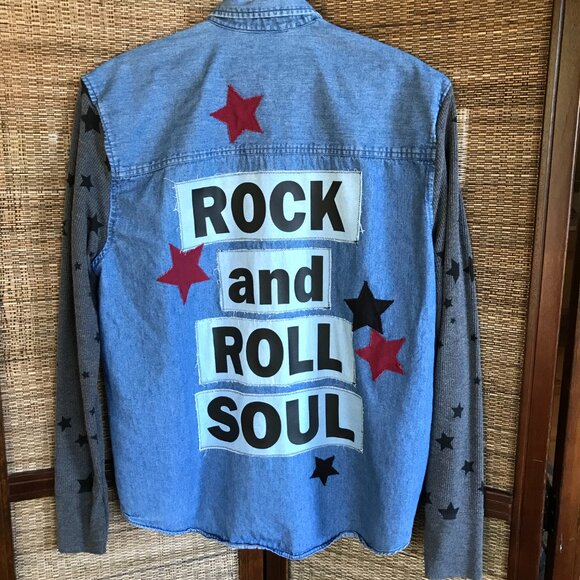 Upcycled Denim Jacket: Women's M, Rock and Roll Patches & Stars, Concert Shirt - Picture 7 of 11